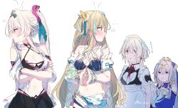  4girls a_oiui alternate_costume apron arms_under_breasts averting_eyes bare_shoulders bikini bikini_skirt black_bikini black_dress black_skirt blonde_hair blue_hair blue_sleeves blush bracelet breasts cleavage closed_mouth clothing_cutout criss-cross_halter crossed_arms detached_sleeves dress embarrassed enmaided flying_sweatdrops frilled_apron frills grey_hair hair_between_eyes hair_intakes hair_ornament halterneck high_ponytail highres honkai_(series) honkai_impact_3rd jewelry lantern_(at_your_service)_(honkai_impact) lantern_(honkai_impact) long_hair long_sleeves looking_to_the_side maid maid_apron maid_headdress medium_breasts multicolored_hair multiple_girls navel necktie own_hands_together pink_eyes pink_hair ponytail puffy_short_sleeves puffy_sleeves red_eyes red_necktie sarong scrunchie serapeum_(honkai_impact) shirt short_hair short_sleeves shoulder_cutout sidelocks sideways_glance simple_background skirt small_breasts songque songque_(summertime_reminiscences) streaked_hair sweat swimsuit thelema_nutriscu thelema_nutriscu_(roseate_summer) twitter_username very_long_hair waist_apron white_apron white_background white_bikini white_hair white_sleeves wrist_scrunchie yellow_eyes 