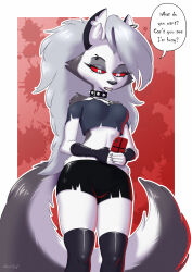  anthro bottomwear breasts canid canid_demon canine cellphone clothed clothing collar dazzlekong demon dialogue digital_media_(artwork) ear_piercing ear_ring electronics english_text eyebrow_piercing eyebrow_ring facial_piercing female fingers fur hair half-closed_eyes hellaverse hellhound helluva_boss hi_res holding_cellphone holding_object holding_phone holding_smartphone looking_at_object looking_at_phone loona_(helluva_boss) mammal mythological_canine mythological_creature mythology narrowed_eyes phone piercing red_sclera ring_piercing simple_background smartphone solo speech_bubble spiked_collar spikes standing tail text topwear 