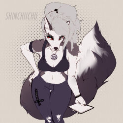  1:1 2021 accessory anthro athletic belly biped black_body black_fur bra breasts canid canid_demon canine clothing demon digital_media_(artwork) electronics exercise eyelashes eyeshadow female fur hair_accessory hair_ribbon hellaverse hellhound helluva_boss hi_res legwear loona_(helluva_boss) makeup mammal mythological_canine mythological_creature mythology navel phone ribbons shinchiichu simple_background solo thigh_highs underwear white_body white_fur workout 