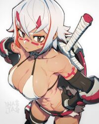  abs belt bikini bikini_top_only black_gloves black_thighhighs bodypaint breasts brown_eyes cleavage colored_inner_hair couter cowboy_shot cross-shaped_pupils dark-skinned_female dark_skin elbow_gloves eyeshadow facepaint female gloves halterneck hands_on_own_hips hata4564 highres horns large_breasts looking_at_viewer makeup multicolored_hair orange_eyeshadow orange_hair original red_belt scar scar_on_arm scar_on_face scar_on_stomach shield shield_on_back short_hair simple_background solo swimsuit sword sword_on_back symbol-shaped_pupils thighhighs toned toned_female weapon weapon_on_back white_background white_bikini white_hair 