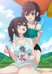  2girls absurdres aqua_bikini bare_legs bare_shoulders bikini black_hair blue_dress blue_eyes blue_ribbon blue_sky blush breasts brown_eyes brown_hair cleavage cloud collarbone colored_tongue double_bun dress dress_swimsuit drinking_straw food frilled_bikini frills furutachi_kurea hair_bun hair_ornament hairclip hand_on_another's_shoulder hibi_wa_sugiredo_meshi_umashi highres holding holding_drinking_straw holding_food holding_popsicle holding_shaved_ice kawai_mako large_breasts looking_at_another mismatched_bikini mountain multiple_girls obashiso open_mouth outdoors palm_tree parallel_hairclips parasol ponytail popsicle ribbon shaved_ice sitting sky small_breasts string_bikini sweat swimsuit teeth tongue tongue_out tree umbrella upper_teeth_only waist_ribbon wariza x_hair_ornament 