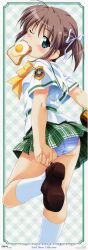  ;) absurdres asagiri_mai ass bread bread_slice brown_hair egg_(food) female food food_in_mouth fried_egg green_eyes highres kuuchuu_yousai late_for_school looking_back mouth_hold one_eye_closed panties pantyshot school_uniform serafuku smile standing stick_poster striped_clothes striped_panties toast toast_in_mouth underwear yoake_mae_yori_ruri_iro_na 