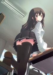  arm_support ass bad_id bad_pixiv_id bag black_thighhighs blush brown_eyes brown_hair chair classroom desk female fluorescent_lamp from_below highres leg_up long_hair looking_back matsura_ichirou original oversized_clothes panties school_bag school_desk school_uniform skirt solo thighhighs underwear upskirt white_panties 