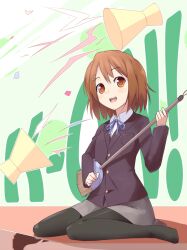  broom brown_eyes brown_hair commentary_request female hirasawa_yui k-on! level.21 megaphone pantyhose sakuragaoka_high_school_uniform school_uniform short_hair sitting solo unconventional_guitar wariza 