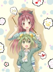  2girls aiho_(kirino) chitose_yuma commentary_request food heart highres long_hair mahou_shoujo_madoka_magica mahou_shoujo_oriko_magica multiple_girls open_mouth pocky sakura_kyoko spoken_heart 