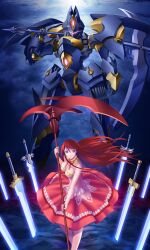  bare_shoulders blue_eyes bow breasts commentary_request dress female highres long_hair mecha medium_breasts original photoshop_(medium) red_hair robot scythe shiba_tomori sword weapon 