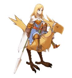  06erunium armor armored_dress blonde_hair blue_eyes boots bridle cape cavalry chocobo commentary_request dagger empty_eyes female final_fantasy final_fantasy_tactics gloves highres knife knight_(fft) long_hair polearm riding solo spear sword weapon 