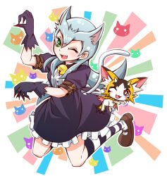  :3 animal_ears baby_tiragon bell blue_hair blush cat_ears cat_girl cat_tail cathy_(yu-gi-oh!) claws commentary_request dress duel_monster emu_(toran) female gloves green_eyes horns kneehighs long_hair oerba_yun_fang one_eye_closed open_mouth paw_pose smile socks striped_clothes striped_socks tail yu-gi-oh! yu-gi-oh!_zexal 