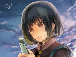  bad_id bad_pixiv_id black_hair broken_heart brown_eyes cellphone cloud female hands heart highres lips original phone portrait short_hair sky solo tcb tears wide-eyed 