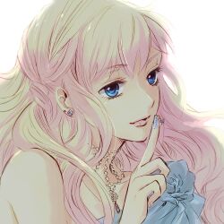  blue_eyes commentary_request earrings emi_(penguin908) female finger_to_mouth jewelry lips long_hair macross macross_frontier nail_polish necklace pink_hair sheryl_nome simple_background solo 