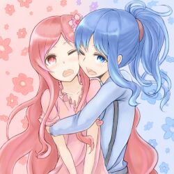  2girls alternate_hairstyle azure_luna blue_eyes blue_hair commentary_request hair_ornament hanasaki_tsubomi heart heartcatch_precure! hug kurumi_erika long_hair multiple_girls one_eye_closed open_mouth pink_eyes pink_hair ponytail precure 