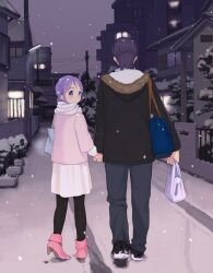  1boy bad_id bad_pixiv_id bag coat father_and_daughter female higebu holding_hands house inazuma_eleven inazuma_eleven_(series) kudou_fuyuka kudou_michiya long_hair looking_back outdoors pantyhose photoshop_(medium) plastic_bag purple_eyes purple_hair scarf shoes skirt smile sneakers snow walking 