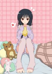  akiyama_mio barefoot bear black_hair blanket blush casual commentary_request female heart k-on! leg_warmers long_hair loungewear pajamas photoshop_(medium) rabbit sitting smile solo spoken_heart toeless_legwear toes tyranu 