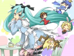  &gt;_&lt; 2boys 4girls alice_in_wonderland animal_ears apron aqua_eyes aqua_hair cake chibi closed_eyes commentary_request crown eating food frills hair_ornament hair_ribbon hairclip hat hatsune_miku kagamine_len kagamine_rin kaito_(vocaloid) long_hair megurine_luka meiko_(vocaloid) multiple_boys multiple_girls rabbit_ears ribbon striped_clothes striped_thighhighs thighhighs tsujiori twintails very_long_hair vocaloid zettai_ryouiki 