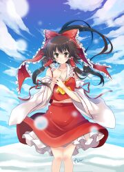  ascot blush bow brown_eyes brown_hair cloud commentary_request detached_sleeves female hair_tubes hairbow hakurei_reimu long_hair midriff mocha_(naturefour) navel partial_commentary photoshop_(medium) ponytail red_bow red_skirt skirt sky smile snowflakes solo touhou 