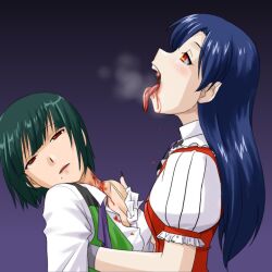  2girls bite_mark bleeding blood blood_stain blue_hair bra_strap breath commentary_request dress dripping idolmaster idolmaster_(classic) idolmaster_2 kisaragi_chihaya long_hair looking_up mole mole_under_mouth multiple_girls my_dear_vampire_(idolmaster) off_shoulder open_clothes open_mouth otonashi_kotori red_eyes short_hair supon tongue tongue_out upper_body vampire 