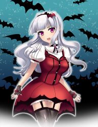  bat_(animal) black_thighhighs breasts commentary_request dress female fingerless_gloves garter_straps gloves grey_hair hairband idolmaster idolmaster_(classic) idolmaster_2 kanraku large_breasts long_hair my_dear_vampire_(idolmaster) night oerba_yun_fang open_mouth red_eyes shijou_takane smile solo spider_web_print star_(symbol) thighhighs too_many too_many_bats vampire 