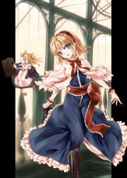  alice_margatroid awa_yume blonde_hair blue_eyes blush boots bow box capelet commentary_request cross-laced_footwear doll dress female green_eyes hairband hairbow highres lace-up_boots long_hair photoshop_(medium) shanghai_doll short_hair solo touhou 