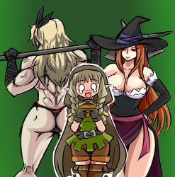  3girls amazon_(dragon&#039;s_crown) ass blonde_hair breasts cleavage commentary_request dragon&#039;s_crown dress elf elf_(dragon&#039;s_crown) halberd hat large_breasts legs long_hair multiple_girls orange_hair panties pointy_ears polearm side_slit sorceress_(dragon&#039;s_crown) strapless strapless_dress thick_thighs thighs thong tonda underwear weapon witch_hat 