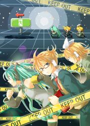  1boy 2girls bad_id bad_pixiv_id bespectacled blonde_hair blue_eyes detached_sleeves glasses green_eyes green_hair hatsune_miku headphones kagamine_len kagamine_rin long_hair multiple_girls necktie photoshop_(medium) pixel_art skirt suzumi_(fallxalice) sweater thighhighs twintails very_long_hair vocaloid 