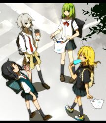  4girls alternate_costume bad_id bad_pixiv_id black_hair blonde_hair contemporary green_hair grey_hair hakurei_reimu izayoi_sakuya kirisame_marisa kochiya_sanae kurau_kii leaf multiple_girls outdoors road school_uniform sleeves_rolled_up street teenage touhou 