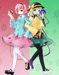  2girls back-to-back bad_id bad_pixiv_id black_legwear bow eyeball green_eyes green_hair hairband hat heart komeiji_koishi komeiji_satori locked_arms multiple_girls open_mouth pantyhose pf photoshop_(medium) pink_hair pink_skirt purple_eyes short_hair siblings sisters skirt smile third_eye touhou white_legwear 