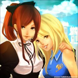  2girls blonde_hair erza_scarlet fairy_tail goth gothic lolita lolita_fashion long_hair lucy_heartfilia multiple_girls ponytail red_hair ribbon smile thelittlefirefly thighhighs 