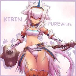  commentary_request female gloves hairband hammer kirin_(armor) long_hair midriff monster_hunter_(character) monster_hunter_(series) navel photoshop_(medium) red_eyes shiny_skin solo tsukigami_chronica weapon white_hair 