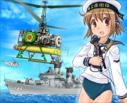  aircraft commentary_request female headphones helicopter japan_maritime_self-defense_force japan_self-defense_force microphone military military_uniform no_pants ocean original qh-50_dash ship sikorsky_sh-3_sea_king solo suda_noriko swimsuit swimsuit_under_clothes takatsuki_(jmsdf) torpedo uav uniform watercraft yokoyama_kouichi 