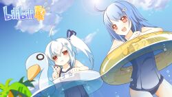  2girls afloat ahoge aqua_hair bad_link bili_girl_22 bili_girl_33 bilibili blue_hair bow bubble cloud day eating food hair_ornament hair_ribbon hairbow highres kaka_cheung logo long_hair multiple_girls name_tag no_nose ocean official_art official_wallpaper one-piece_swimsuit open_mouth outdoors palm_tree photoshop_(medium) popsicle red_eyes ribbon school_swimsuit side_ponytail sky swimsuit teeth tree wading water 