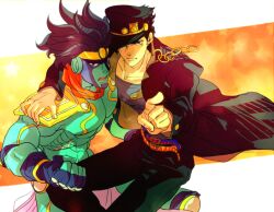  2boys bad_id bad_pixiv_id black_hair chains commentary_request gakuran hat hotate_(suikaneko) jojo_no_kimyou_na_bouken kujo_jotaro male_focus multiple_boys school_uniform stand_(jojo) star_platinum stardust_crusaders 