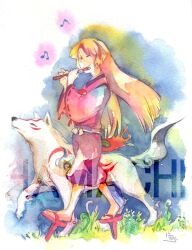  1boy amaterasu_(ookami) commentary_request flute geta hakama hakama_skirt hamachi-kuchiba instrument japanese_clothes long_hair okami painting_(medium) signature skirt smile tengu-geta traditional_media ushiwakamaru_(ookami) walking watercolor_(medium) wolf 