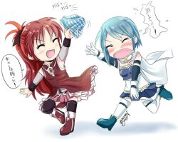  2girls bad_id bad_pixiv_id cape chasing clothes_theft gleision_adain long_hair magical_girl mahou_shoujo_madoka_magica mahou_shoujo_madoka_magica_(anime) miki_sayaka miki_sayaka_(magical_girl) multiple_girls panties ranguage sakura_kyoko sakura_kyoko_(magical_girl) striped_clothes striped_panties theft translated underwear underwear_theft white_cape 