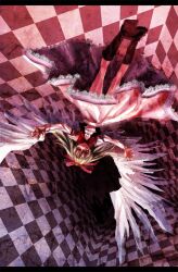  bad_id bad_pixiv_id blonde_hair boots bow checkered dress female gengetsu_(touhou) hairbow lastdark letterboxed red_bow solo touhou touhou_(pc-98) upside-down wings 