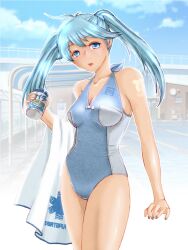  blue_eyes blue_hair can casual_one-piece_swimsuit commentary_request drink_can female imaichi_moenai_ko kobe_shinbun long_hair minato_(leap-up) one-piece_swimsuit soda_can solo swimsuit tan tanlines towel twintails 