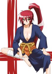  ankle_wrap barefoot breasts cleavage commentary_request feet female highres japanese_clothes kimono koishikawa long_hair medium_breasts obi oda_nobunaga_(sengoku_otome) photoshop_(medium) ponytail red_hair sash sengoku_otome sitting solo yellow_eyes 