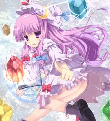  ass blush book boots bow commentary_request crescent crystal female fujieda_uzuki greek_letters hairbow hat leg_up long_hair magic magic_circle no_panties open_mouth patchouli_knowledge philosopher&#039;s_stone pointing purple_eyes purple_hair shoe_soles smile solo touhou 