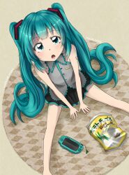  aqua_eyes aqua_hair commentary_request female from_above handheld_game_console hatsune_miku kadomaki_shinnosuke long_hair looking_up open_mouth playstation_portable sitting skirt solo spring_onion twintails very_long_hair vocaloid 