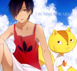  1boy bad_id bad_pixiv_id brown_eyes brown_hair cloud day hair_over_one_eye ikezawa_kazuma kari-kenji kudou_(90n) male_focus sky squirrel summer_wars tan tank_top 