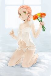  babydoll bad_id bad_pixiv_id barefoot bed bed_sheet blonde_hair bouquet female flower green_eyes indoors kneeling kurage legs lingerie navel open_mouth original panties ponytail solo underwear window 