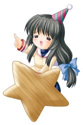  black_hair chibi clannad closed_eyes commentary_request female hat hikarizaka_private_high_school_uniform ibuki_fuuko long_hair nekoma_kotomitsu oversized_object party_hat school_uniform solo starfish 