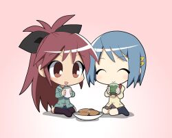  2girls blue_eyes blue_hair chibi commentary_request cup food long_hair mahou_shoujo_madoka_magica mahou_shoujo_madoka_magica_(anime) miki_sayaka mitakihara_school_uniform multiple_girls osaragi_mitama red_eyes red_hair sakura_kyoko school_uniform short_hair 