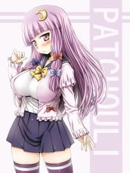  alternate_costume aru_ra_une blush breasts commentary_request contemporary crescent crescent_hair_ornament female hair_ornament highres impossible_clothes impossible_shirt large_breasts long_hair miniskirt patchouli_knowledge perky_breasts photoshop_(medium) purple_eyes purple_hair shirt skirt solo thighhighs touhou zettai_ryouiki 