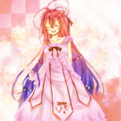  :d ^_^ bare_shoulders breasts closed_eyes commentary_request dress female itsuka_tenma_no_kuro_usagi medium_breasts open_mouth photoshop_(medium) pink_dress red_ribbon ribbon saito_himea sleeveless sleeveless_dress smile solo standing vampire xxxxxxuxu 