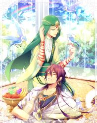  2boys bird brown_hair commentary_request earrings food fruit green_eyes highres ja&#039;far_(magi) jewelry keffiyeh long_hair magi_the_labyrinth_of_magic multiple_boys necklace photoshop_(medium) rainbow ringo_ame sinbad_(magi) sitting sleeping string string_of_fate 