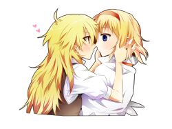  2girls ahoge alice_margatroid bad_link blonde_hair blue_eyes brown_eyes eye_contact hairband heart imminent_kiss kiji_(manekinuko-tei) kirisame_marisa long_hair looking_at_another multiple_girls no_headwear short_hair touhou upper_body yellow_eyes yuri 