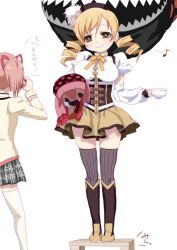  2girls boots breasts charlotte_(madoka_magica) commentary_request hirose_(mokiki) kaname_madoka large_breasts mahou_shoujo_madoka_magica mahou_shoujo_madoka_magica_(anime) mitakihara_school_uniform multiple_girls school_uniform skirt striped thighhighs tomoe_mami tomoe_mami_(magical_girl) translated vertical_stripes white_legwear zettai_ryouiki 