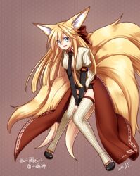  animal_ears ban&#039;ya_(konshin) blonde_hair blush colorized commentary_request dated female green_eyes hair_ribbon konshin long_hair mitsuru_(pipi2001) open_mouth original pixiv_forest ribbon solo striped_clothes striped_thighhighs tail thighhighs translated vertical-striped_clothes vertical-striped_thighhighs white_thighhighs 