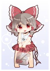  aged_down bag bare_legs blush bow brown_hair chibi commentary_request dnk female gohei hair_tubes hairbow hakurei_reimu highres jewelry midriff necklace open_mouth red_bow red_eyes red_skirt shirt skirt sleeveless sleeveless_shirt solo toddler touhou yin_yang 