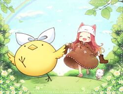  animal_hat animalization barefoot bird brown_dress cat_hat chick closed_eyes commentary_request creator_connection daisy dress feline female flower hat kagamine_rin lolicon long_hair megurine_luka megurine_luka_(toeto) nim_(sivo) open_mouth outdoors pink_hair rainbow smile songover soratobazu_(vocaloid) toeto_(vocaloid) vocaloid 